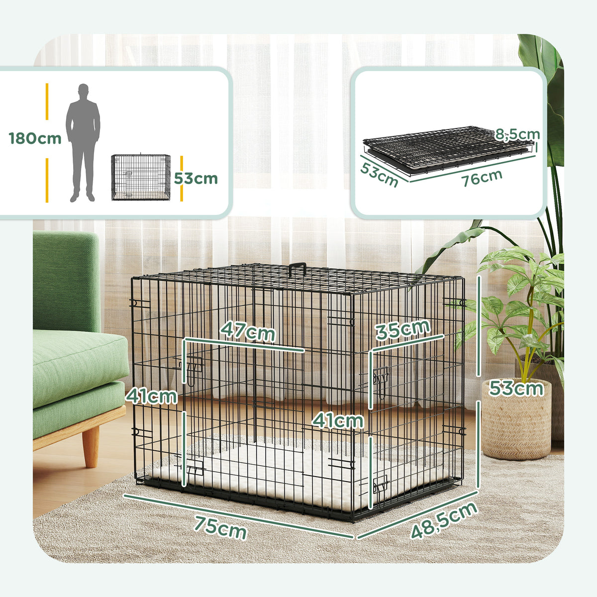 Cage pour chien cage de transport pour chien pliable avec 2 portes plateau amovible coussin lavable 75x48,5x53cm noir-2