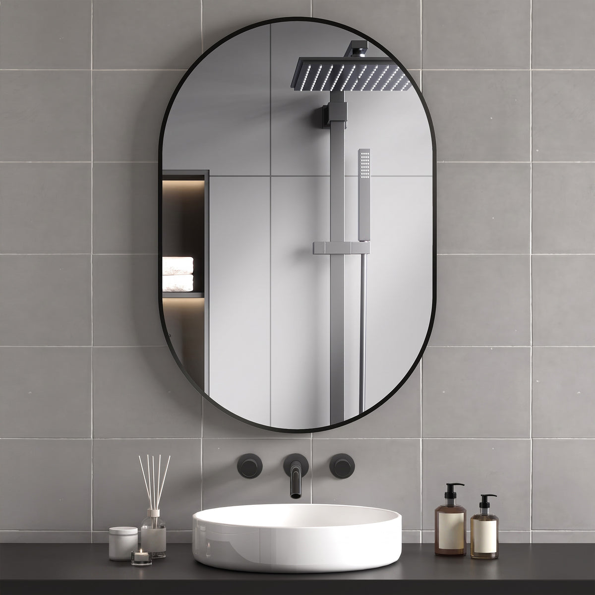 Miroir ovale mural cadre en aluminium style minimaliste montage vertical ou horizontal avec 3 crochets 60 x 90 cm noir-1