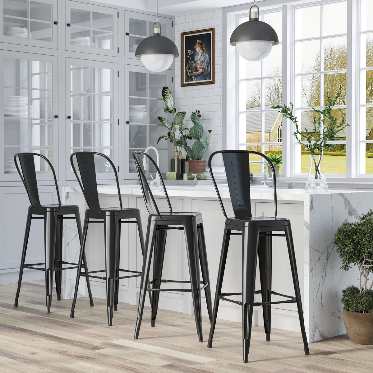 Lot de 4 tabourets de Bar Empilable Chaise de Bar Industriel avec Dossier Repose-Pied Hauteur d'Assise 76 cm métal Noir-1