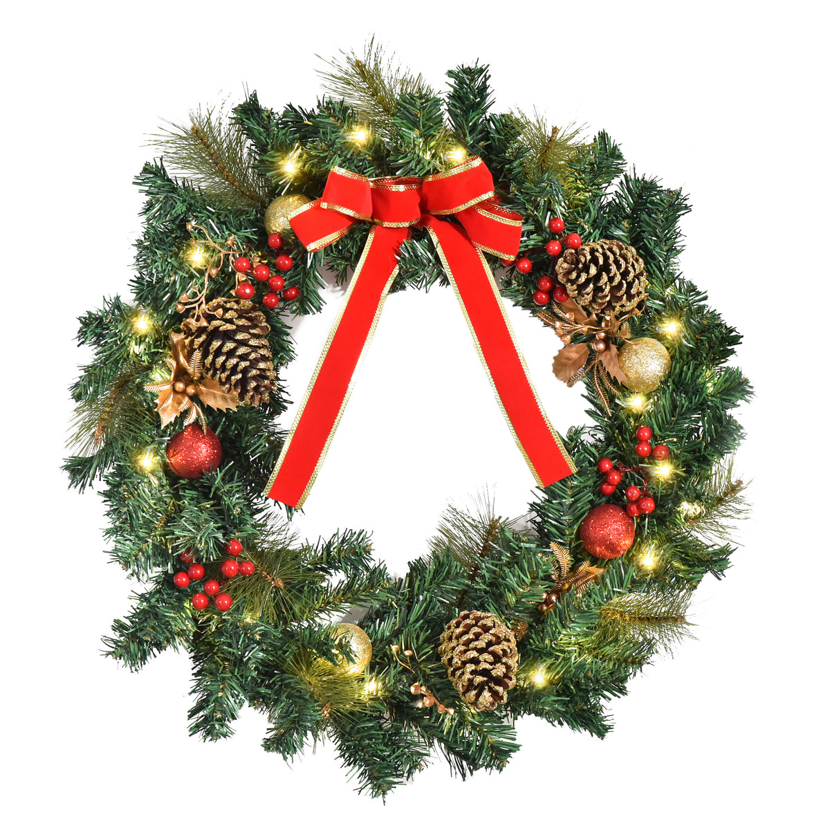 Couronne de Noël artificielle lumineuse avec 20 LED de 60 cm - décorée de houx et de pommes de pin-0