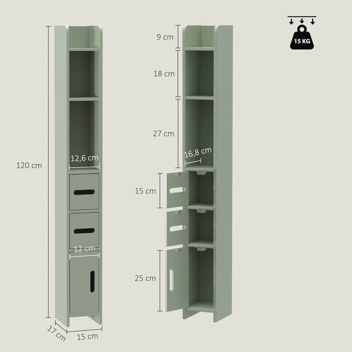 Meuble Colonne de Salle de Bain, Armoire Toilette Haute avec Étagères et Placards - 15 x 17 x 120 cm, Vert Clair-2