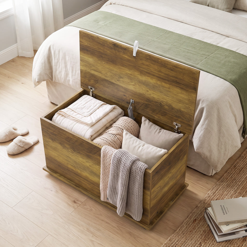 Coffre de Rangement, Banc de Rangement avec Couvercle Rabattable et Charnières de Sécurité, 80 x 40 x 45 cm, Marron-7