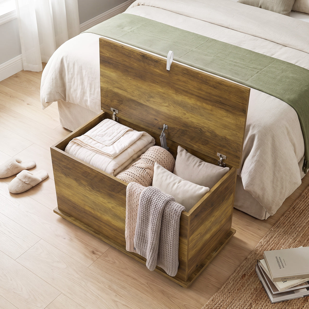 Coffre de Rangement, Banc de Rangement avec Couvercle Rabattable et Charnières de Sécurité, 80 x 40 x 45 cm, Marron-7