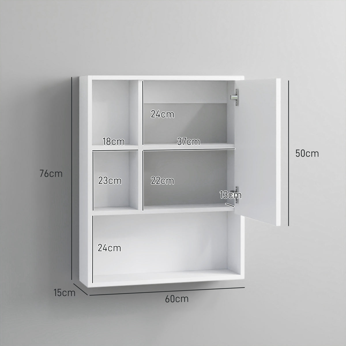 Armoire murale salle de bain avec miroir, meuble salle de bain, 5 compartiments et étagère réglable, 60x15x76cm, blanc-2