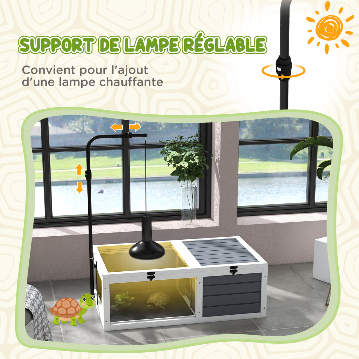 Maison enclos cage pour petit animal tortue avec 2 espaces support de lampe réglable 81 x 48 x 31,5 cm gris-4