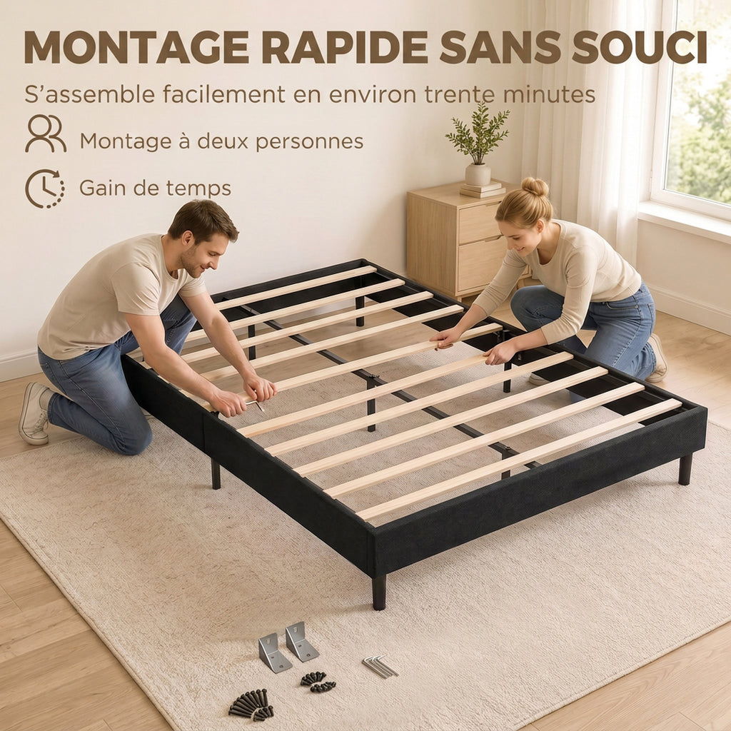 Sommier Tapissier 140x190 cm, Cadre de Lit avec Revêtement en Chenille, 10 Lattes Bois, 9 Pieds Stables, Gris-6