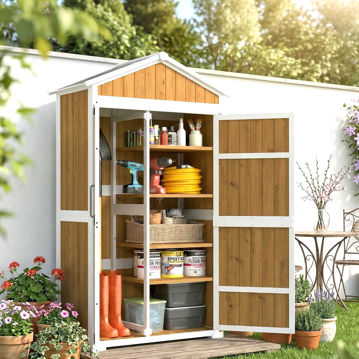 Armoire de Jardin Abri de Jardin Étanche avec Toit en Métal Double Porte pour Outils de Jardinage 105x55x179cm Naturel-9