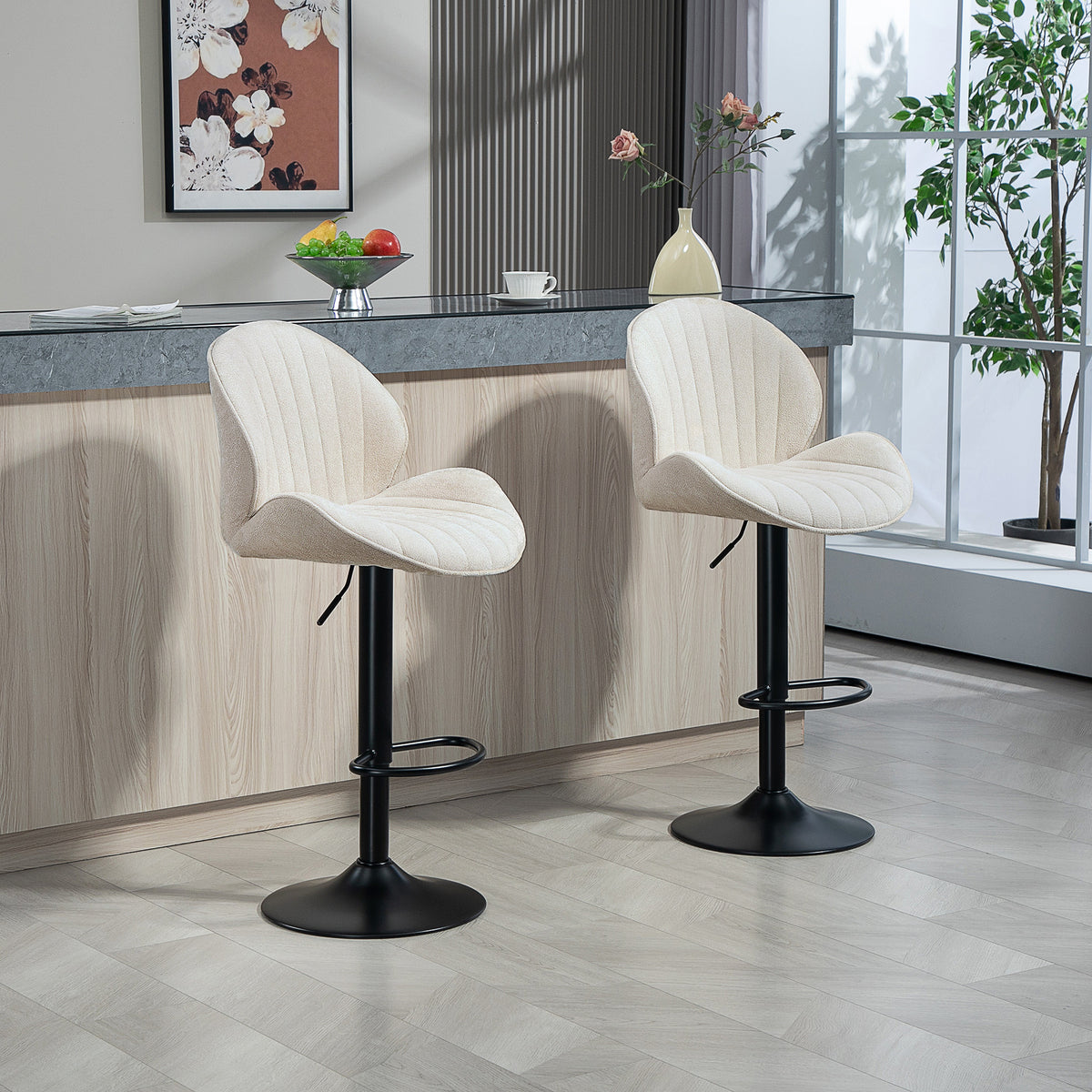 Lot de 2 tabourets de bar forme de coquillage, dossier, hauteur réglable et repose-pieds, cadre en acier, beige-1