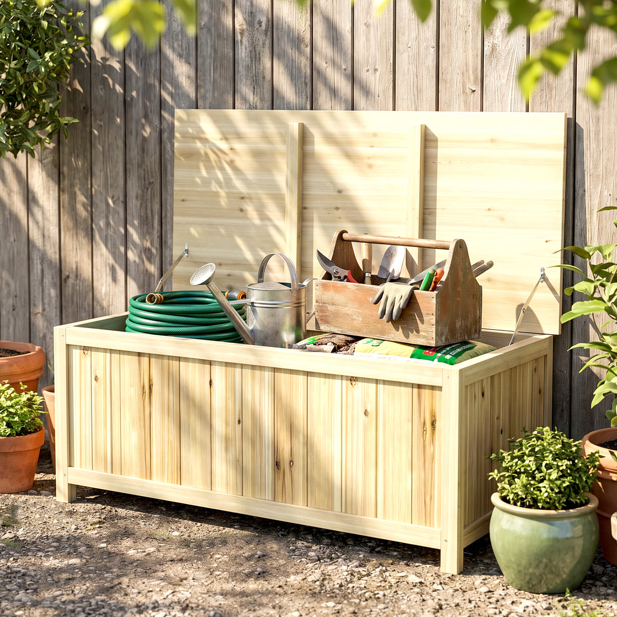 Coffre de rangement jardin en bois 172L avec vérins, pour l'extérieur - 120L x 55l x 45H cm-1