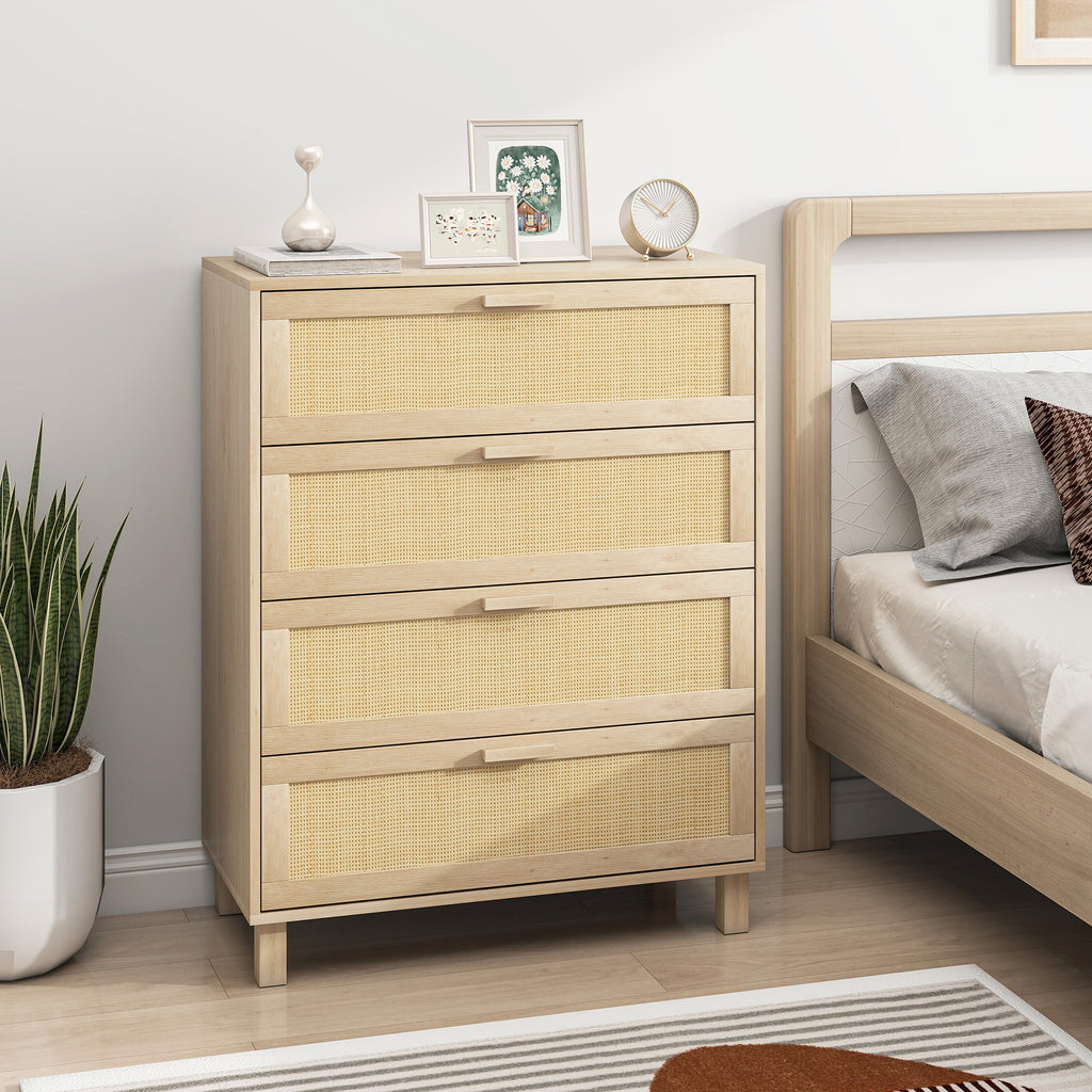 Commode 4 tiroirs cannage en rotin dim. 80L x 40l x 103H cm MDF Aspect Bois Clair-1