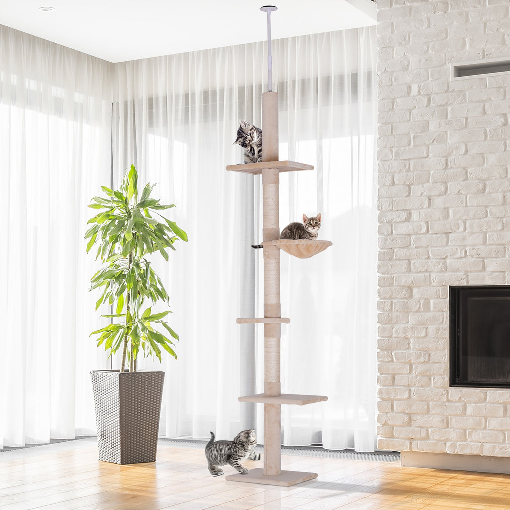 Arbre chat du sol au plafond poteau à griffer L40 x l 34 x H 230-260 cm 5 niveaux d'activités beige-9