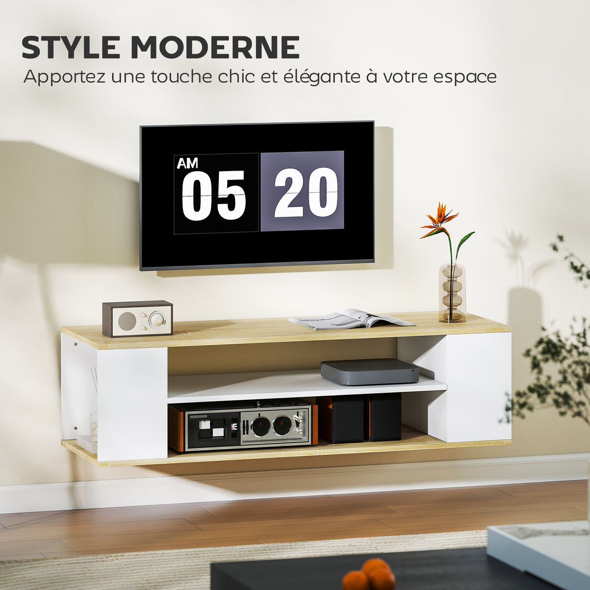 Meuble TV avec roulettes 120 cm, meuble télé pour téléviseur jusqu'à 55 pouces, 2 étagères ouvertes, blanc et naturel-3