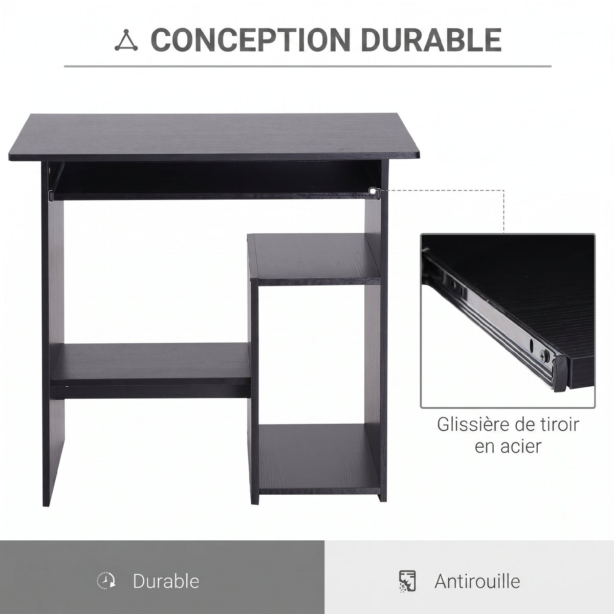 Bureau d'ordinateur, bureau avec rangement, plateau pour clavier et support de moniteur, 80 x 45 x 75 cm, noir-5