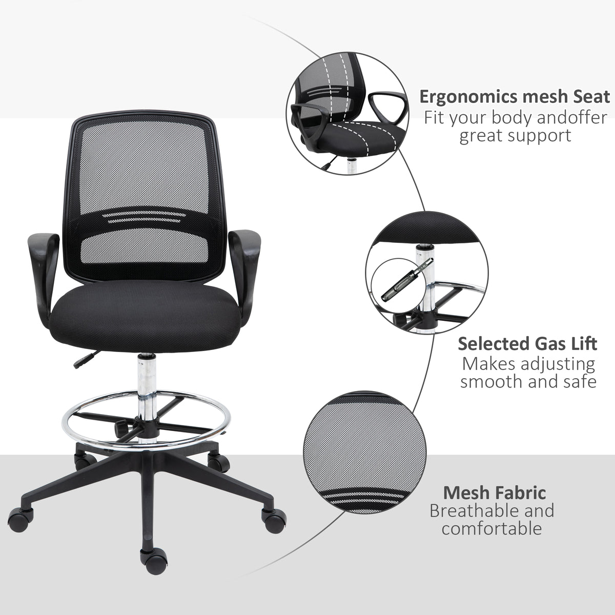 Fauteuil de bureau chaise de bureau assise haute réglable tabouret de bureau pivotant 360° maille respirante-7