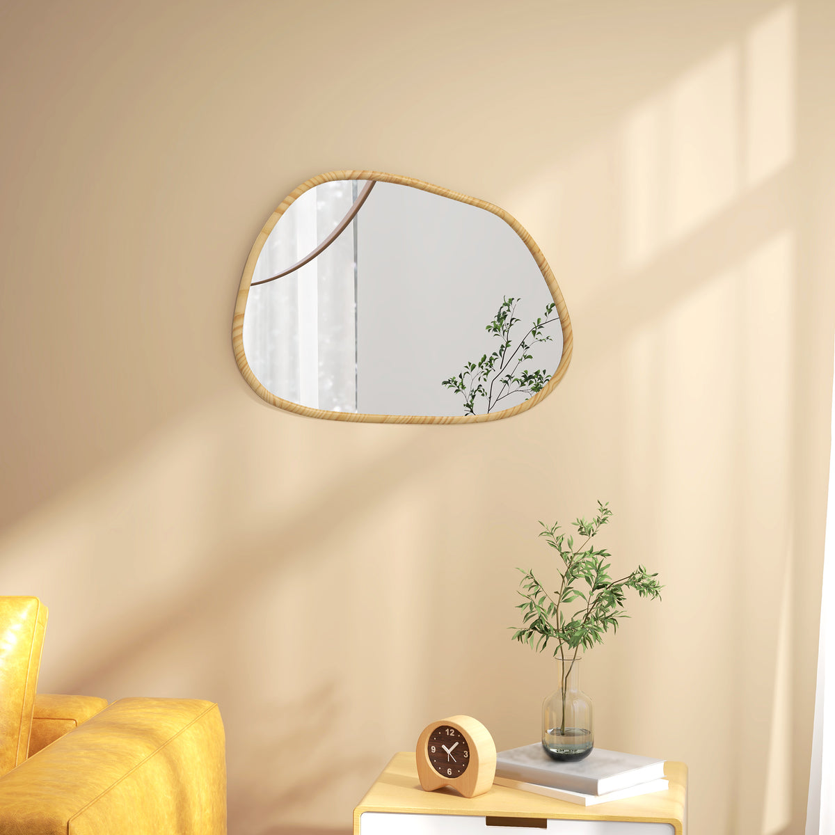 Miroir mural miroir décoratif forme organique avec cadre en bois horizontal ou vertical 80 x 60 cm naturel-1