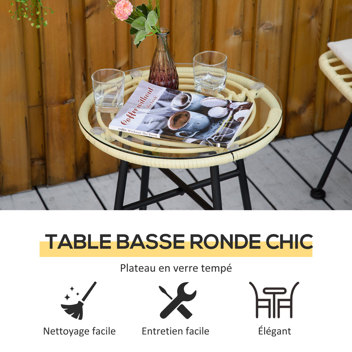 Ensemble bistro de jardin 3 pièces 2 chaises + table basse ronde verre trempé 2 coussins crème-3