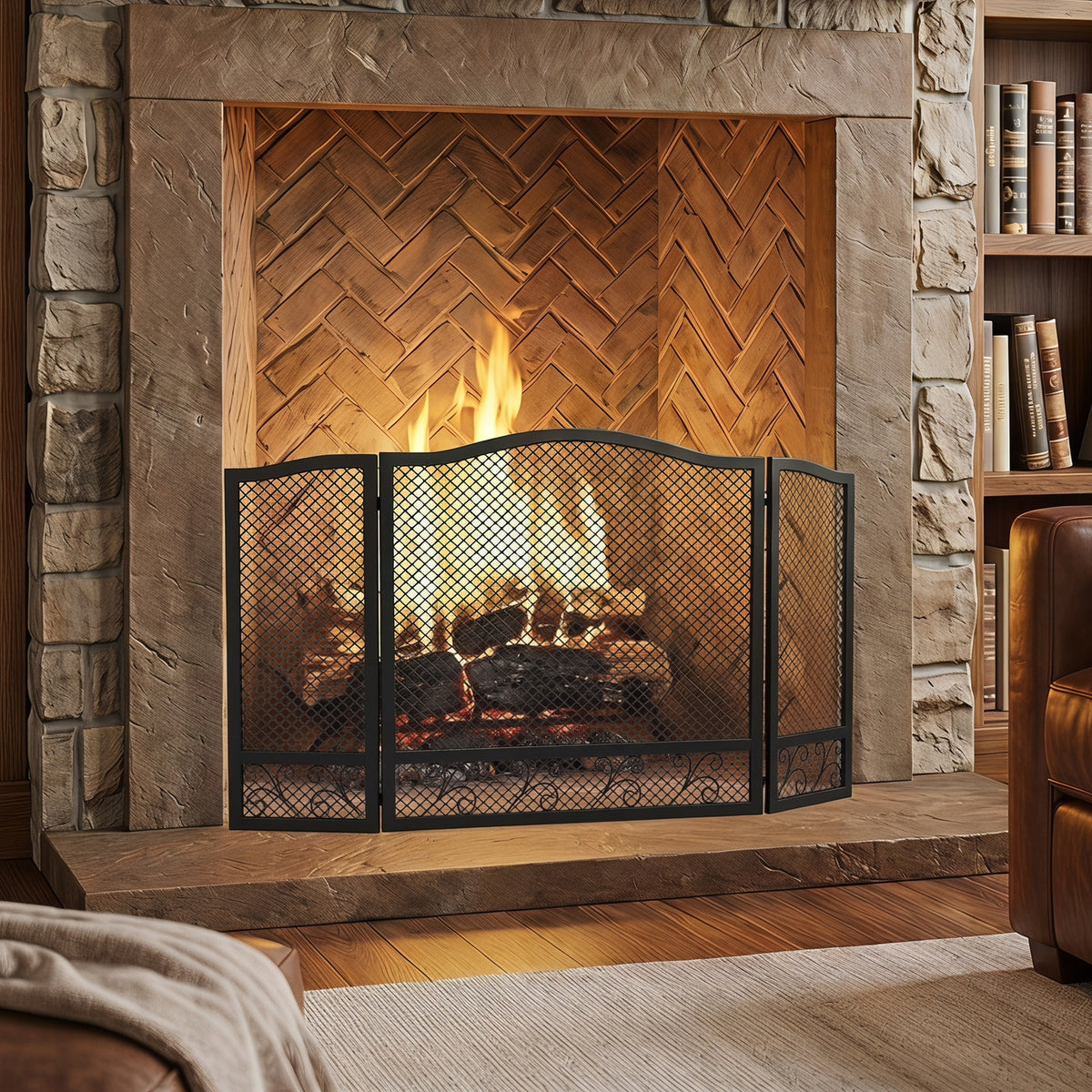 Pare Feu Cheminée Pliable 3 Panneaux, Pare-Étincelles Cheminée, Motif Floral, Métal, 107 x 60 cm, Noir-1