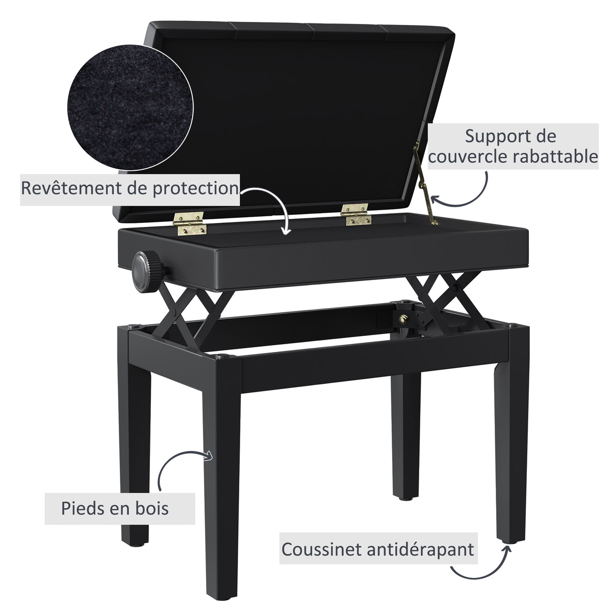 Banc de piano, banc de clavier réglable en hauteur en bois massif, tabouret piano avec compartiment caché, siège rembourré polyuréthane à 10 boutons, stable et antidérapant, charge 200kg, noir-5