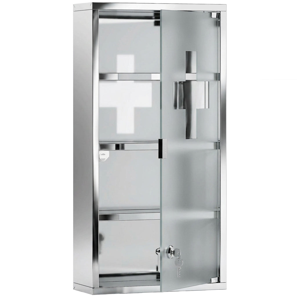 Armoire à Pharmacie 3 étagères 4 Niveaux 30L x 12l x 60H cm Porte Verre trempé Symbole Croix Acier Inoxydable brossé-0