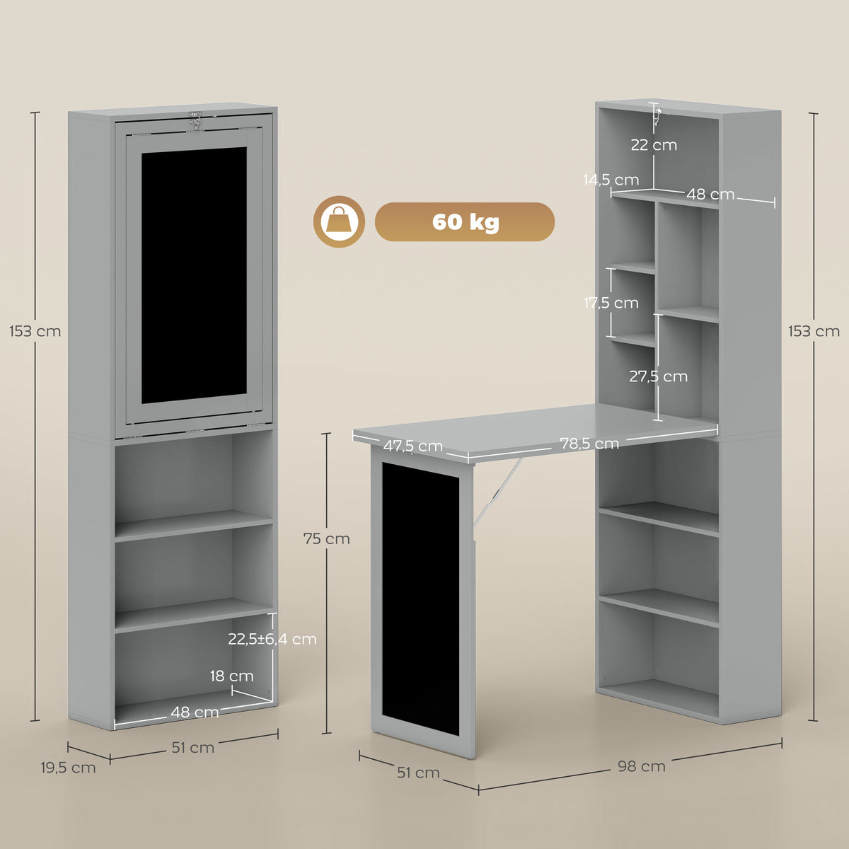Bureau avec rangement pliable murale rabattable avec bibliothèque poste de travail tableau à craie et étagère réglable-2