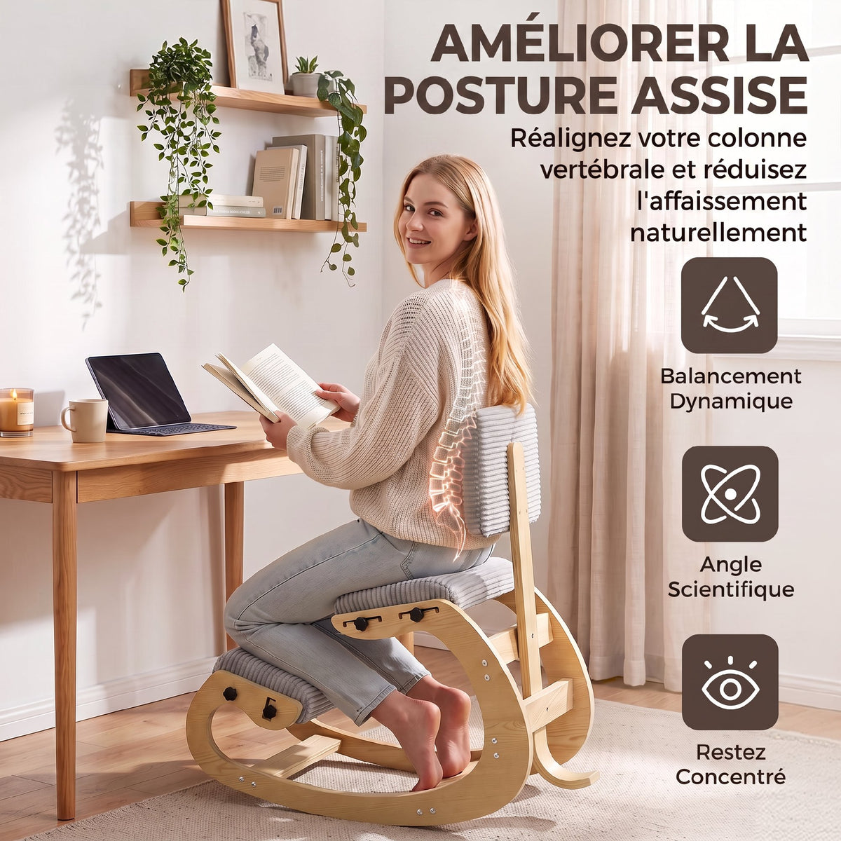 Chaise à Genoux Ergonomique avec Dossier, Siège Assis Genoux à Bascule Rembourré en Velours Côtelé, Gris Clair-3