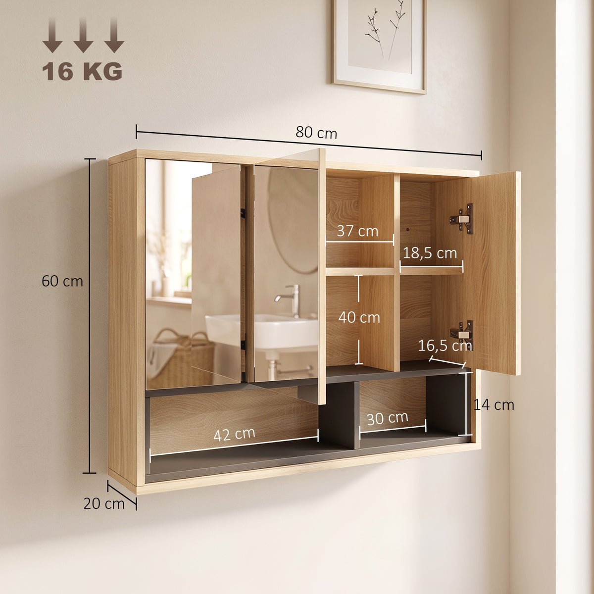 Meuble salle de bain avec miroir, armoire toilettes murale avec placards à 3 portes et 8 compartiments, chêne-2