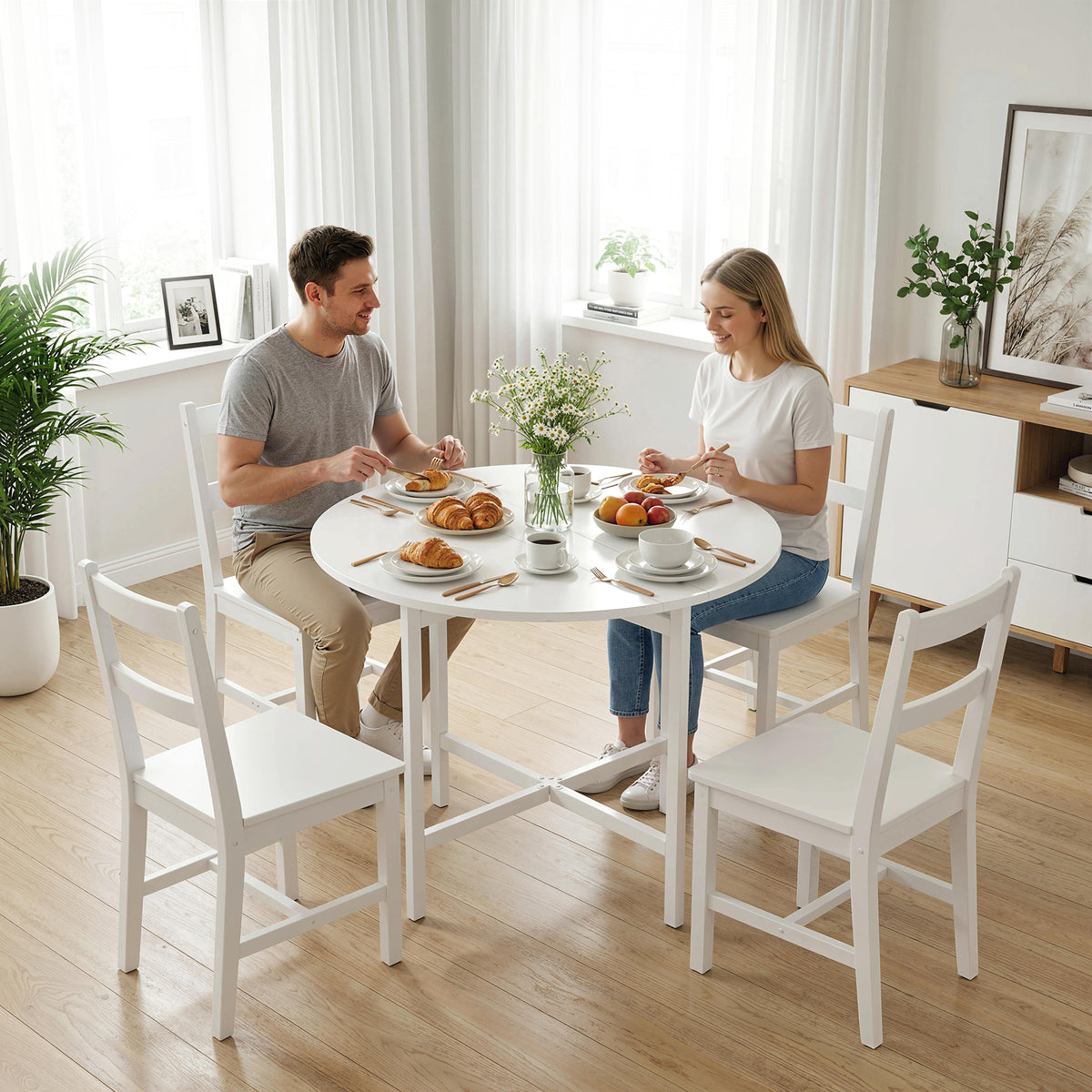 Table à manger pliante, table de cuisine ronde Ø 80 cm pour 4 personnes avec 2 abattants, pieds en acier, blanc-1
