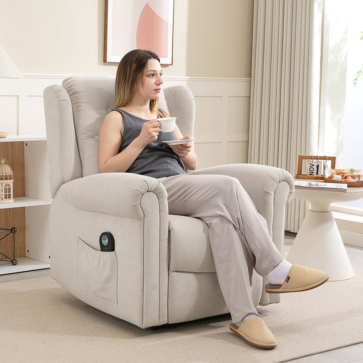 Fauteuil relax massant et chauffant avec dossier et repose-pieds réglable manuellement, poche latérale, beige-1