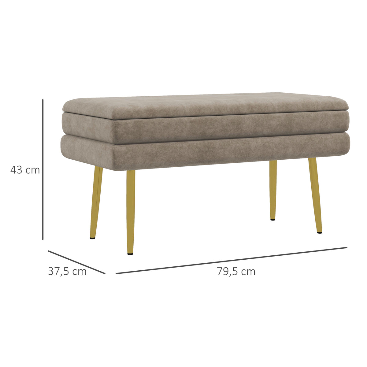 Banc banquette coffre de rangement 2 en 1 assise aspect velours et pieds acier - 79,5L x 37,5P x 43H cm beige et doré-2