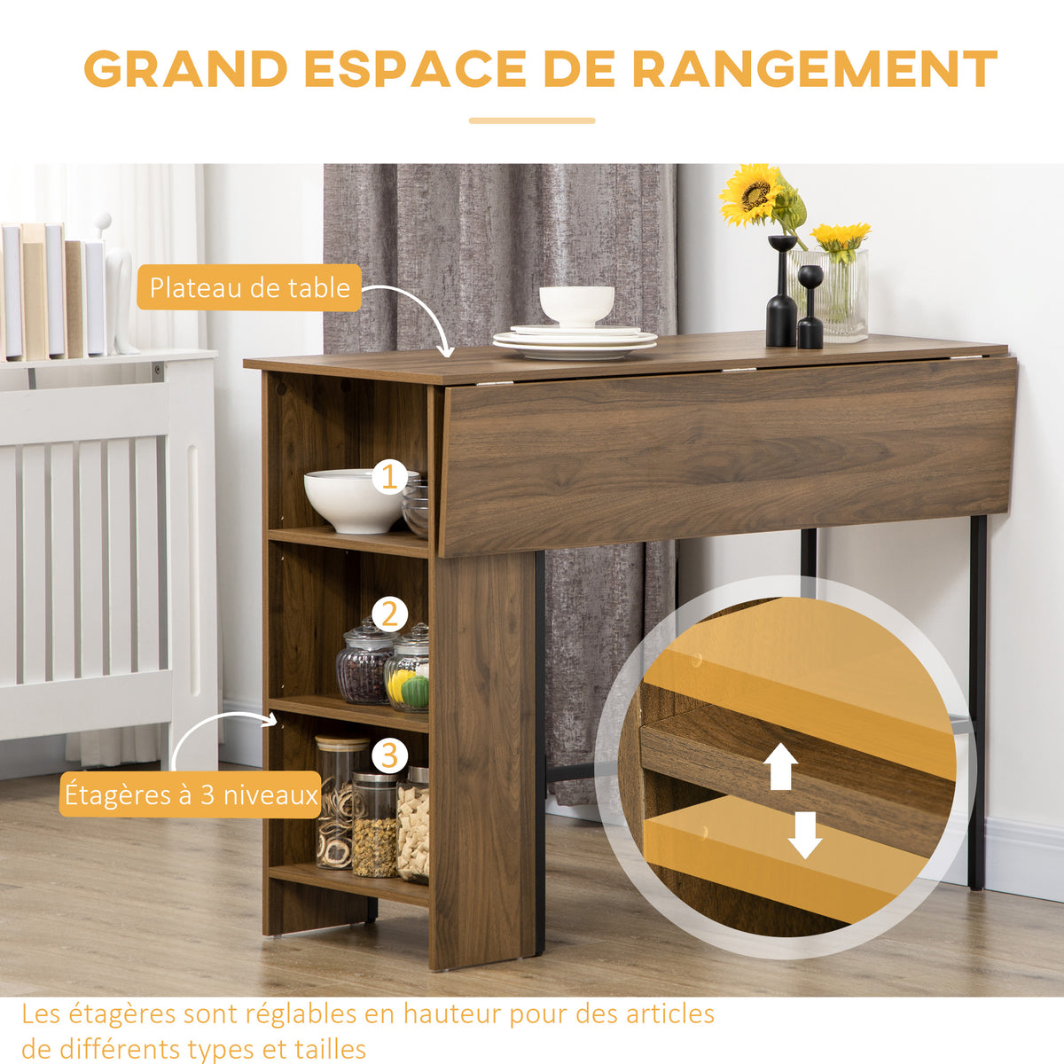 Ilot centra table de bar plateau latéral  rabattable et 3 étagères 120 x 76 x 91,4 cm marron-4