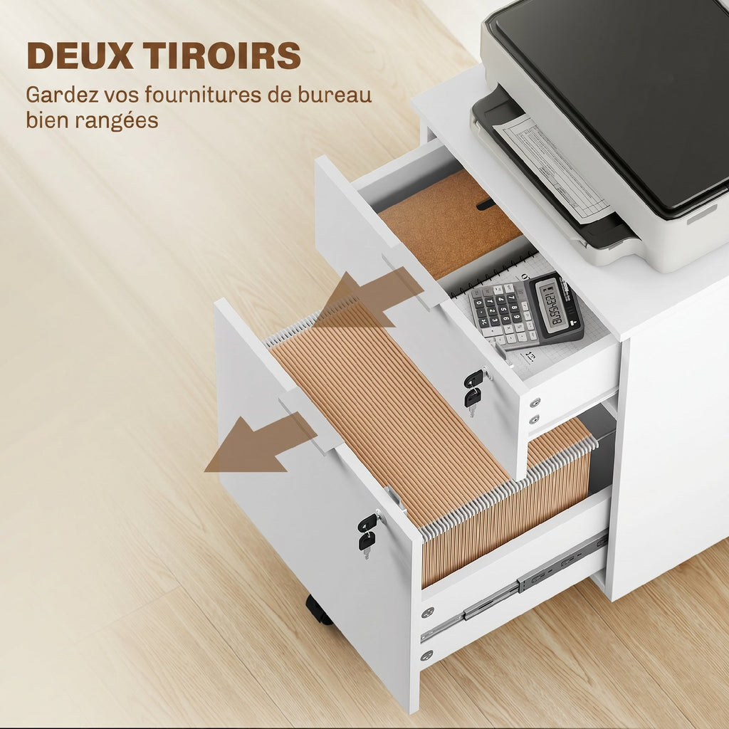 Caisson de bureau, meuble de rangement 2 tiroirs 2 barres pour dossier suspendu, verrouillable avec 2 clés 42x40x60 cm-3