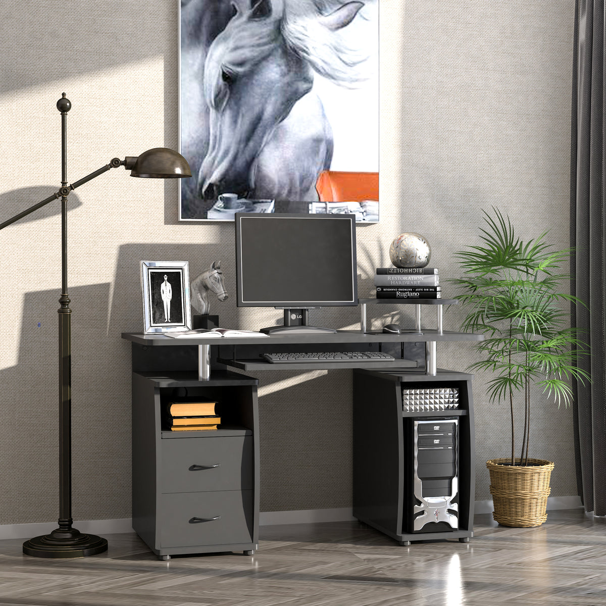 Bureau informatique étagères et tiroir, 120 x 50 x 85 cm, bureau d'ordinateur avec rangement support imprimant et clavier, table d'étude pour chambre, bureau, noir-1