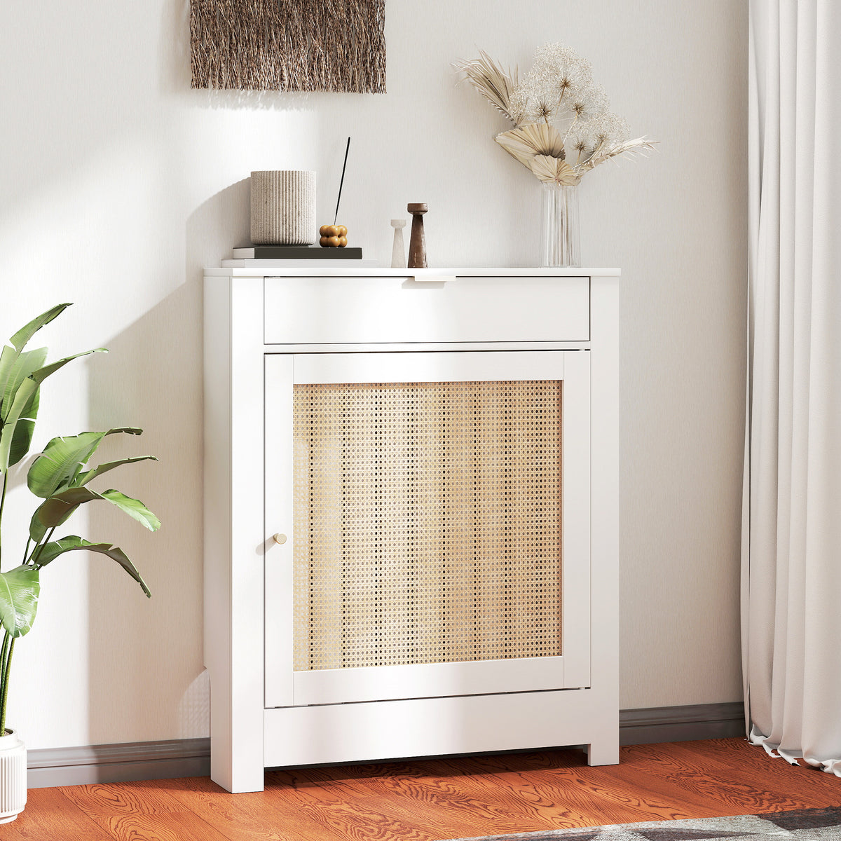 Cache-Radiateur avec Placard Rabattable et Porte en Rotin, Couvercle de Radiateur en Bois avec Compartiment, Blanc-1