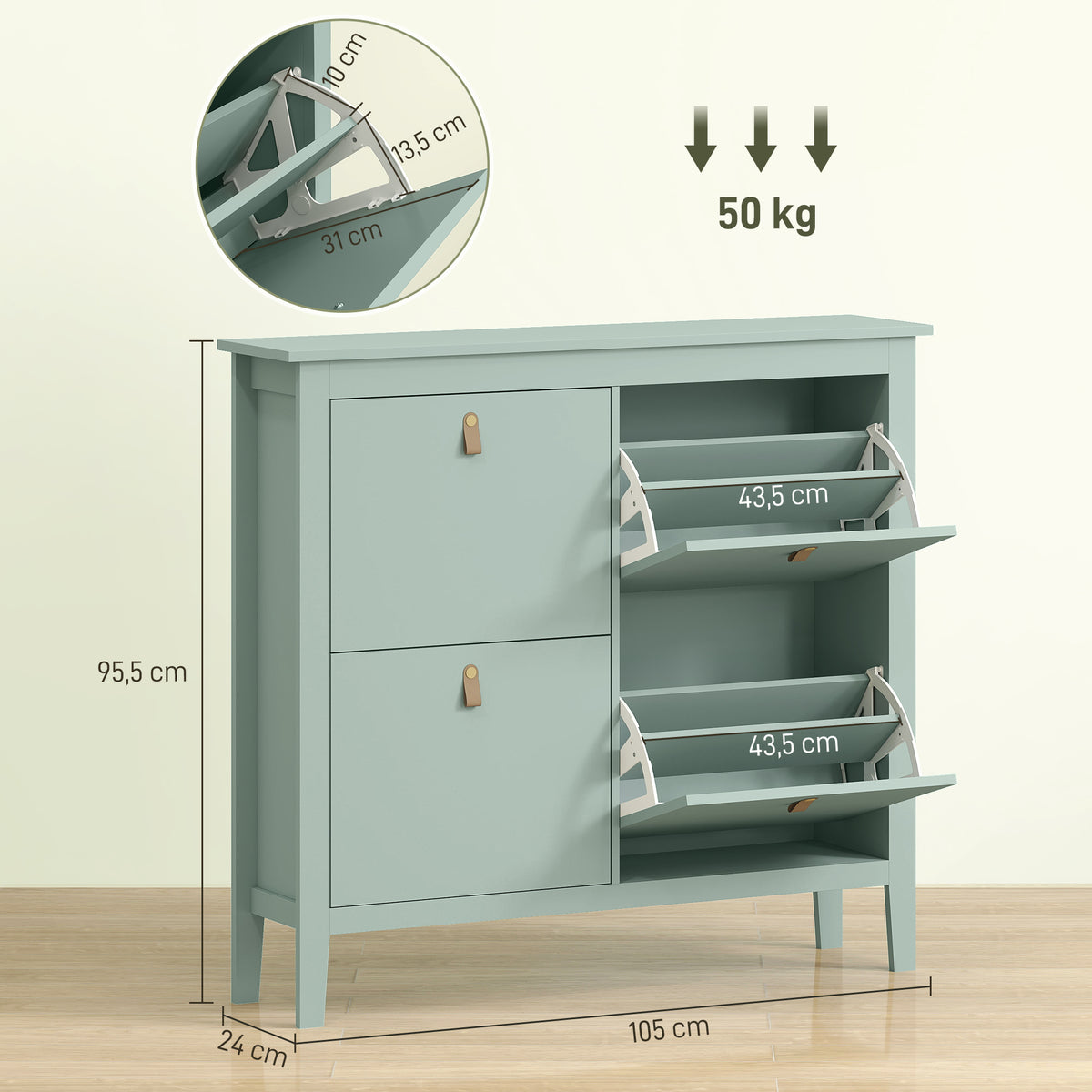 Meuble à chaussures 20 paires, armoire à chaussures avec 4 tiroirs rabattables, étagères amovibles et réglables, vert-2