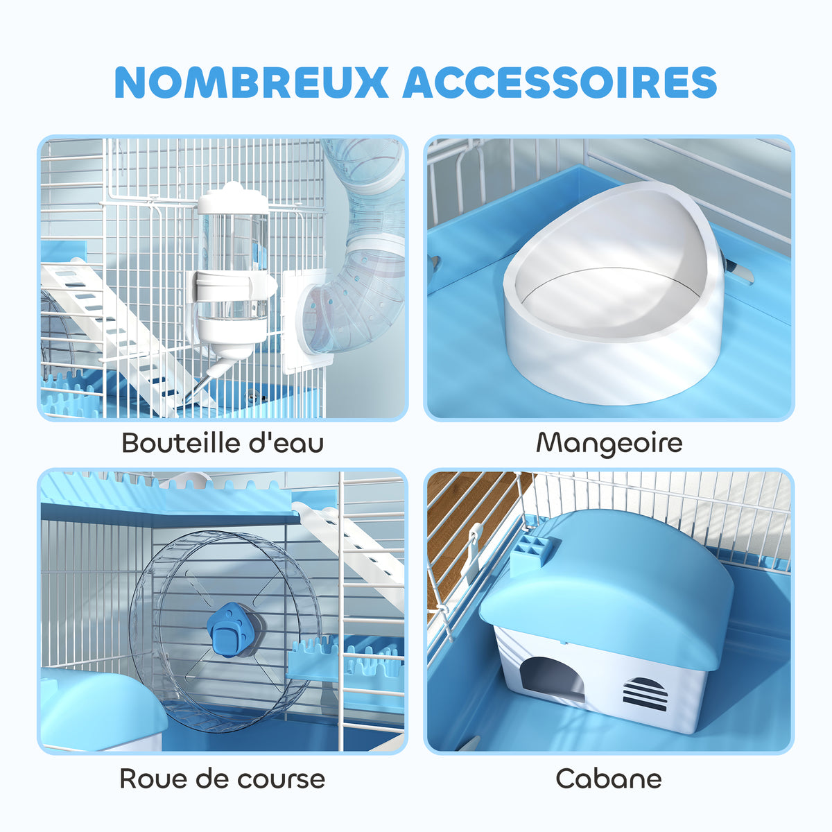 Cage pour hamster portable avec cabane, roue de course, gamelle, bouteille d'eau, 47,5 x 31,5 x 29,5 cm, bleu clair-6