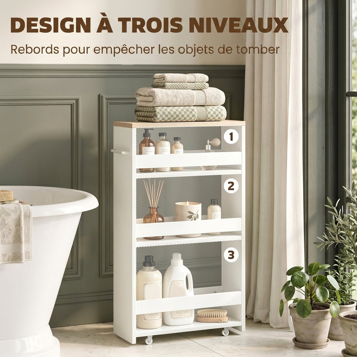 Chariot de rangement à 3 niveaux chariot de stockage étagère sur roulettes pour cuisine étroite salle de bain buanderie bureau avec poignée - 48 x 15 x 80 cm blanc-3