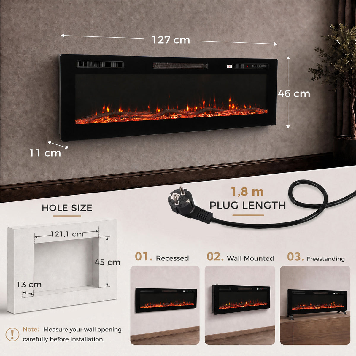 Cheminée Électrique Encastrable Murale ou à Poser 3 en 1 Cheminée Décorative Extra-Plat 900W/1800W Effet Flamme 3D Noir-2