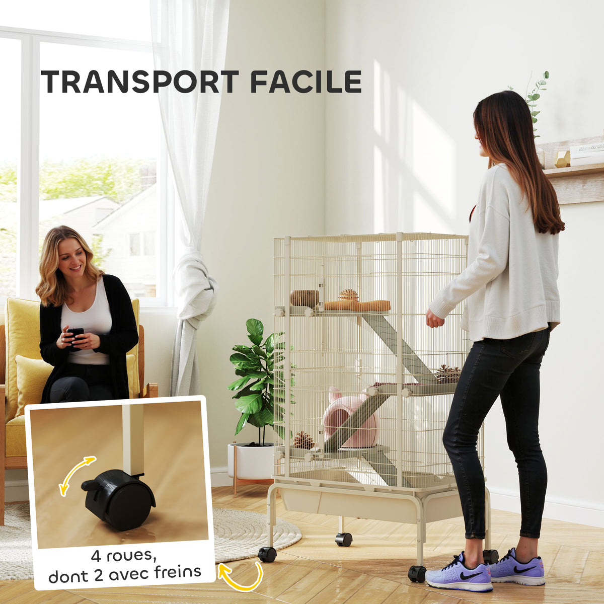 Cage pour lapin enclos à 4 niveaux avec 2 portes 3 rampes plateau profond roulettes 69 x 44 x 120 cm beige-6