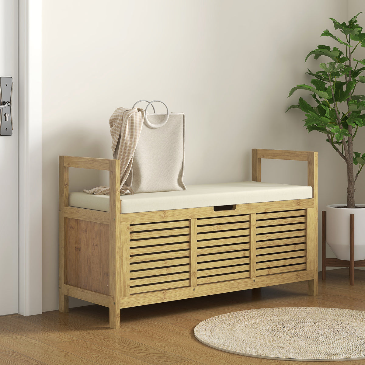 Banc de rangement avec compartiment caché sous assise pour entrée coussin et accoudoir 100 x 40 x 60 cm naturel-9