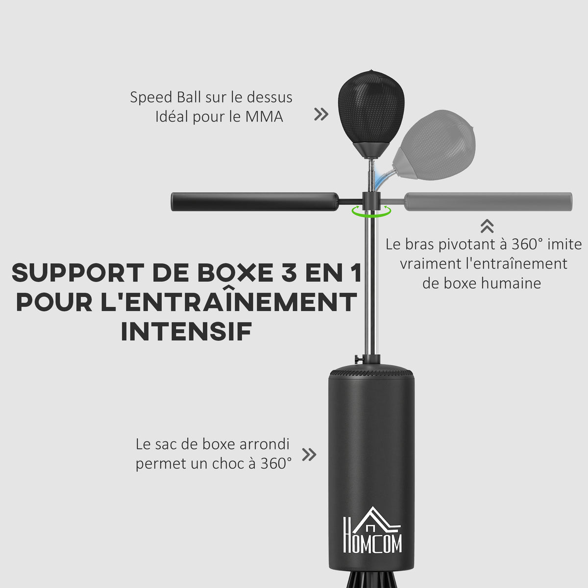 Sac de frappe boxe sur pieds punching ball brunier 3 en 1 avec ballon de vitesse bras flexible rotatif hauteur réglable-3