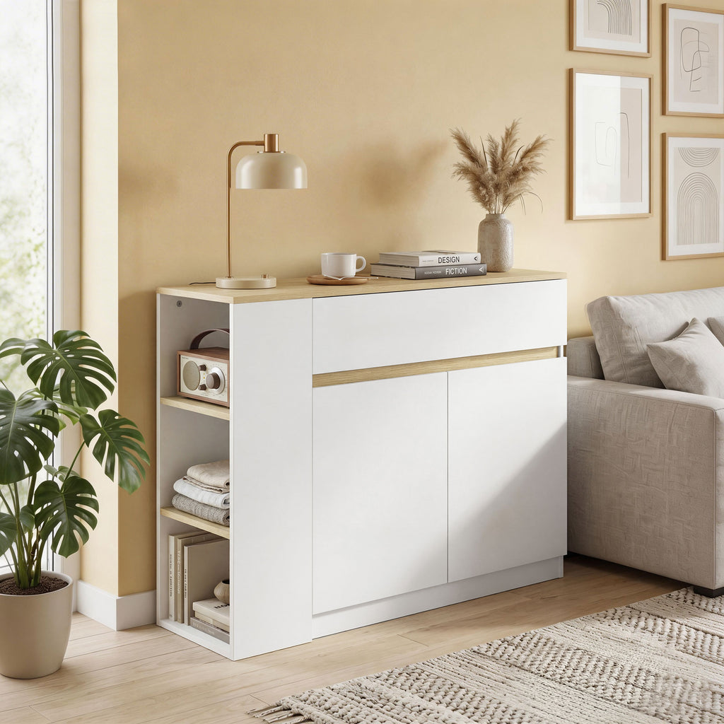 Buffet meuble de rangement avec 2 tiroirs 3 étagères ouvertes et placard 2 portes 110 x 29,5 x 82 cm blanc-8