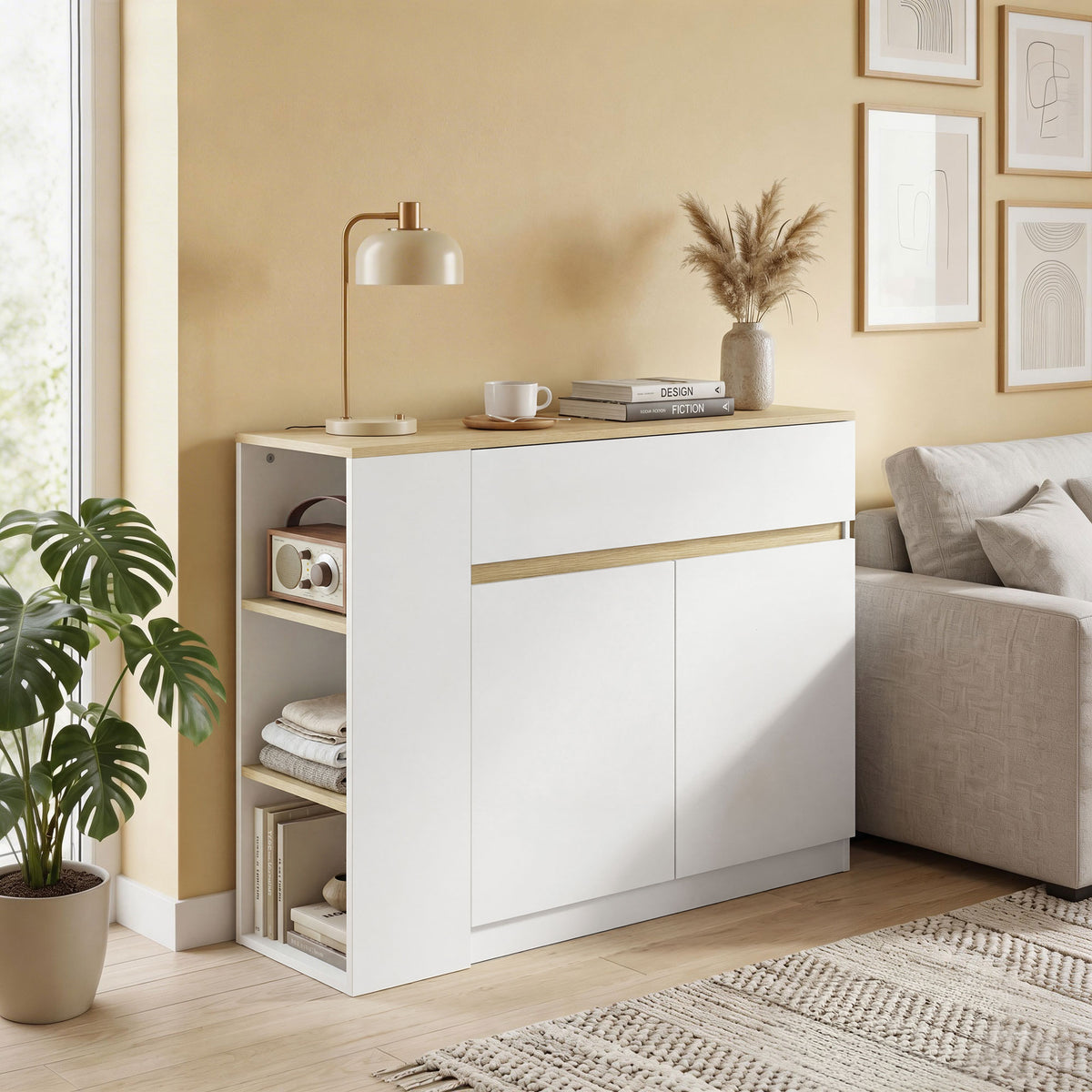 Buffet meuble de rangement avec 2 tiroirs 3 étagères ouvertes et placard 2 portes 110 x 29,5 x 82 cm blanc-8