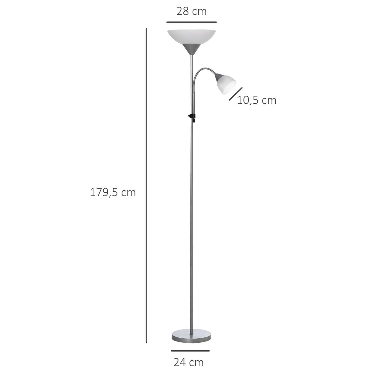 Lampadaire, lampe de salon sur pied avec 2 têtes douille E27 et E14, base en métal dim. Ø28 x 179,5H cm-2