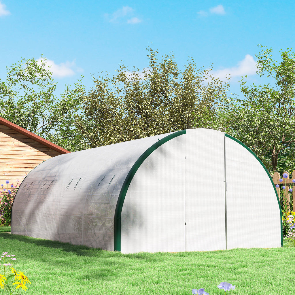 Serre tunnel de jardin 18m², serre de jardin tunnel avec portes et 8 fenêtres, bâche PE 140g/m² 600 x 300 x 200 cm blanc-8