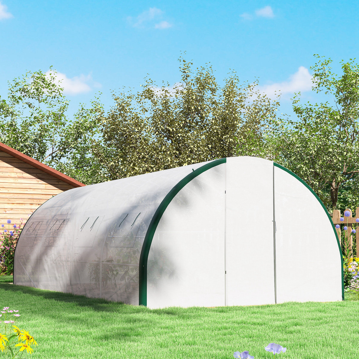 Serre tunnel de jardin 18m², serre de jardin tunnel avec portes et 8 fenêtres, bâche PE 140g/m² 600 x 300 x 200 cm blanc-8