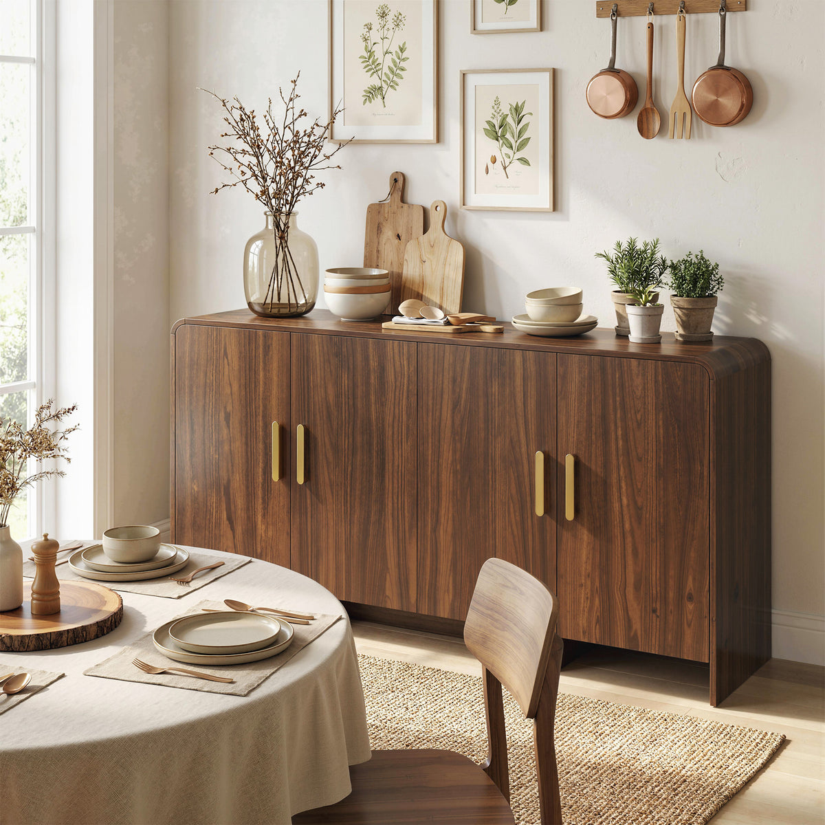 Buffet cuisine, meuble de rangement avec 4 portes à fermeture douce, 4 compartiments et bords arrondis, 152x40x80cm, noyer-9