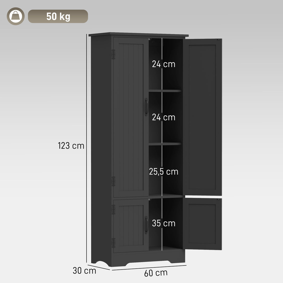 Buffet de cuisine armoire de cuisine contemporaine multi-rangements 2 placards 3 étagères 60 x 30 x 123 cm noir-2