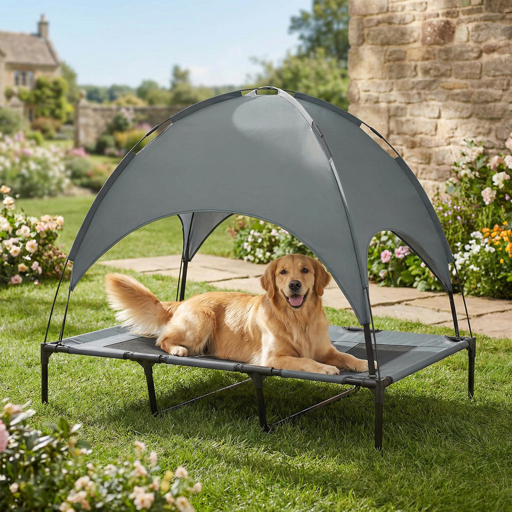 Lit Chien Sureleve avec Parasol, Lit de Camp Chien Chat sur Pieds Tissu Oxford Respirant, Anti-UV Cadre en Métal Sac de Transport Inclus Couchage Extérieur pour Chat 122 x 92 x 108 cm Gris Noir-9