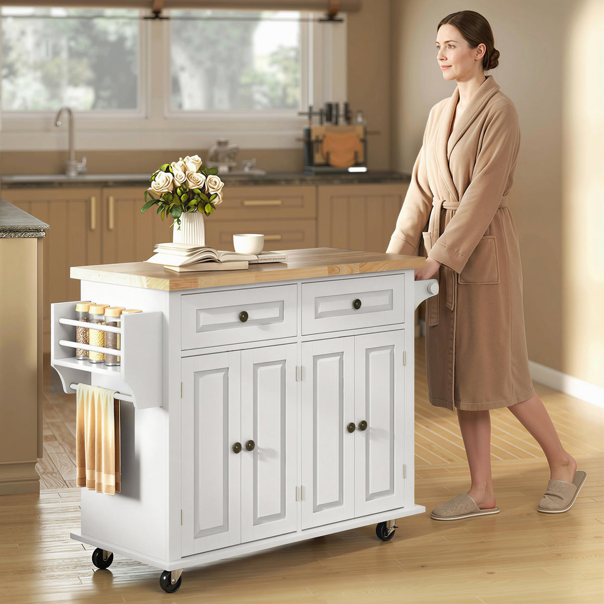 Îlot Central Cuisine avec Plateau en Hévéa, Desserte de Cuisine sur Roulettes avec 2 Tiroirs, 111 x 44,5 x 82,5cm, blanc-7