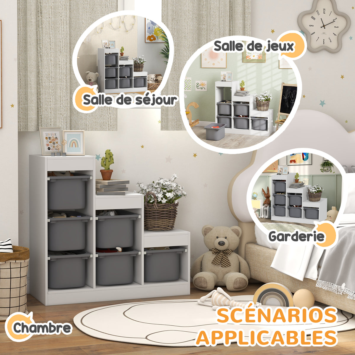 Meuble de rangement pour jouets des enfants avec 6 bacs amovibles, 3 niveaux de rangement, 96 x 38,5 x 90, gris-4